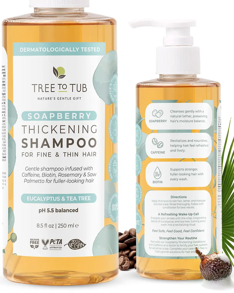 Tree to Tub Shampoing Biotine pour Cheveux Fins – Volume Dense, Sans Sulfates, Argan et Caféine