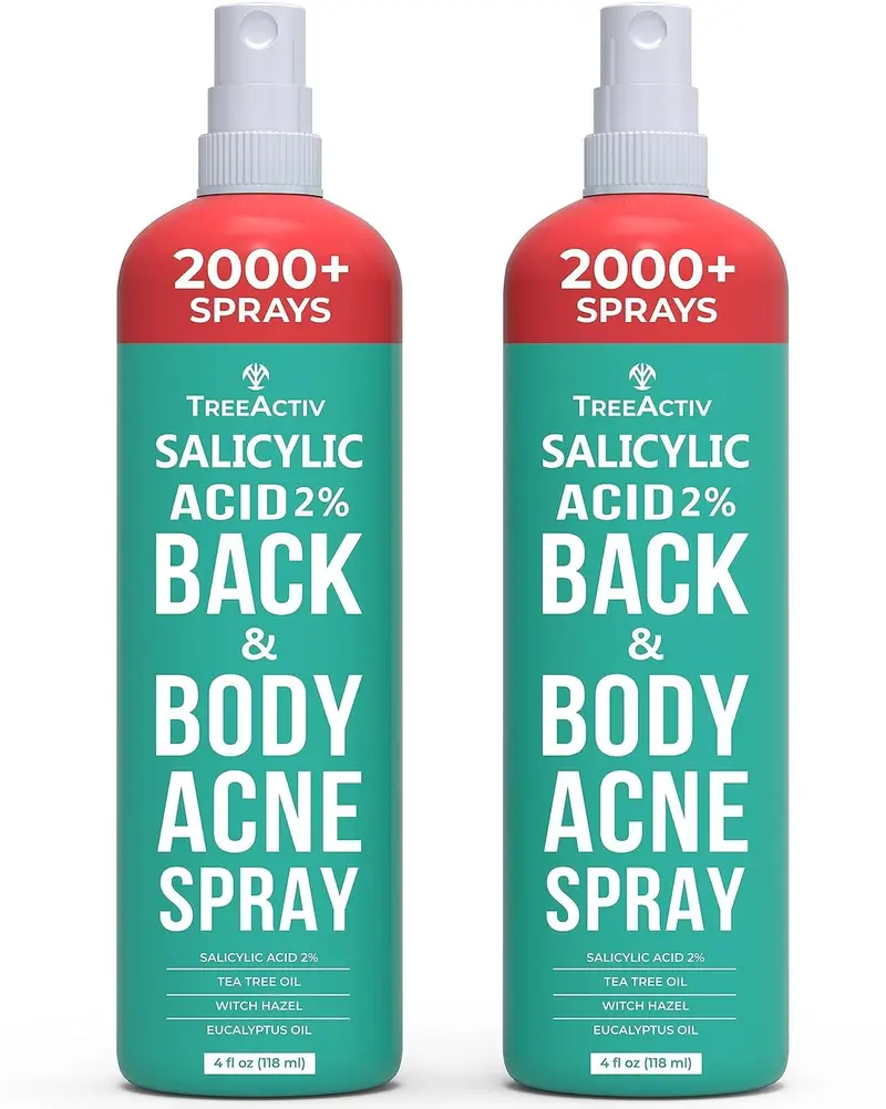 TreeActiv Spray Acné Dos et Corps – Acide Salicylique, Huile d'Arbre à Thé, Séchage Rapide, Lot de 2 (118 ml chacun)