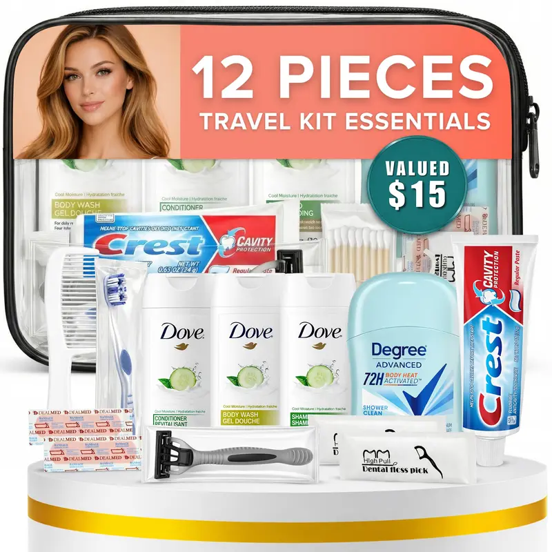Trektote 12 pièces – Kit d'hygiène voyage femme TSA | Pochette transparente | Stuhrling Bottle