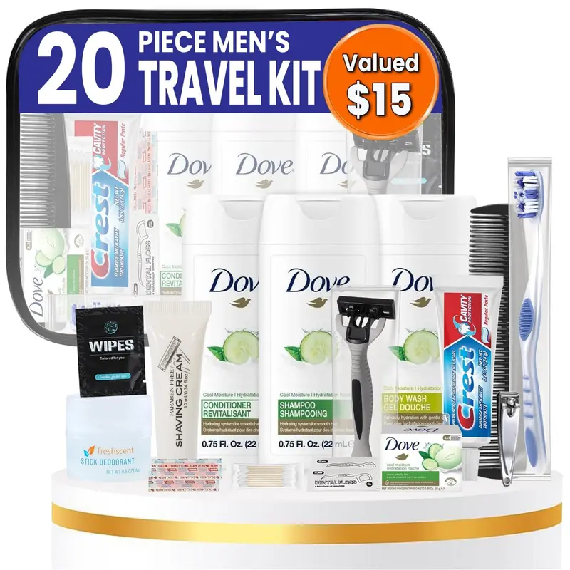 Trektote 20 pièces – Kit d'hygiène voyage unisexe, taille cabine, packs individuels et gros | Stuhrling Bottle
