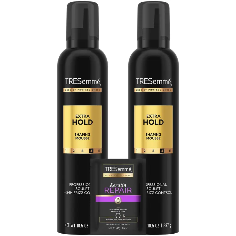 TRESemmé Mousse Coiffante Extra Hold – Lot 2 x 10,5 oz + Masque Keratine Réparateur, Contrôle des Frisottis 24H