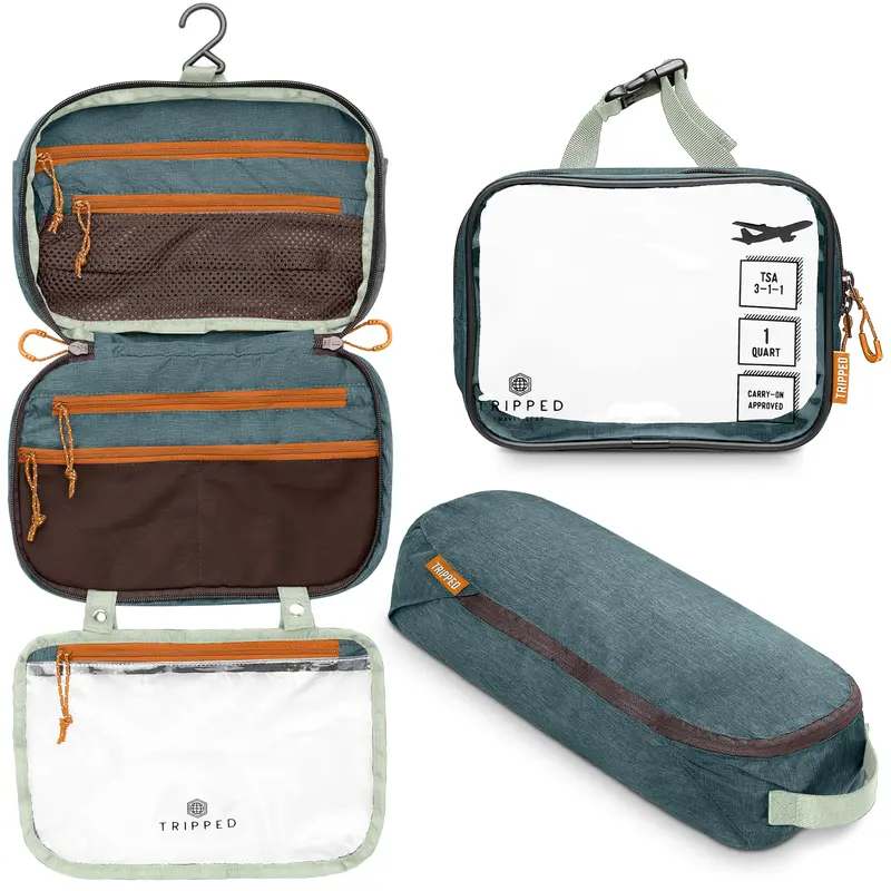 TRIPPED Trousse de Toilette Suspendue + Sac Liquides 311 – Kit Voyage Vert