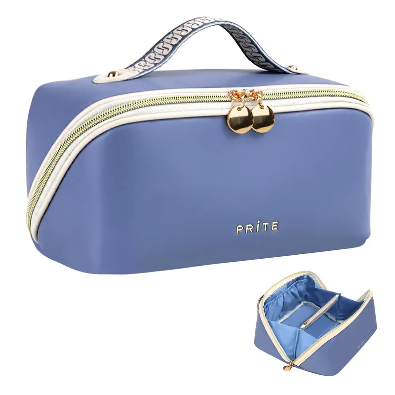 Trousse de maquillage Prite – voyage, cuir végan étanche, grande ouverture à plat avec séparateur clair et poignée (Bleu)