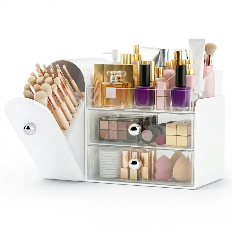 TRQWRO Organisateur Maquillage et Coiffeuse — Porte-Pinceaux, Tiroirs Transparents, Rangement Soin et Vernis