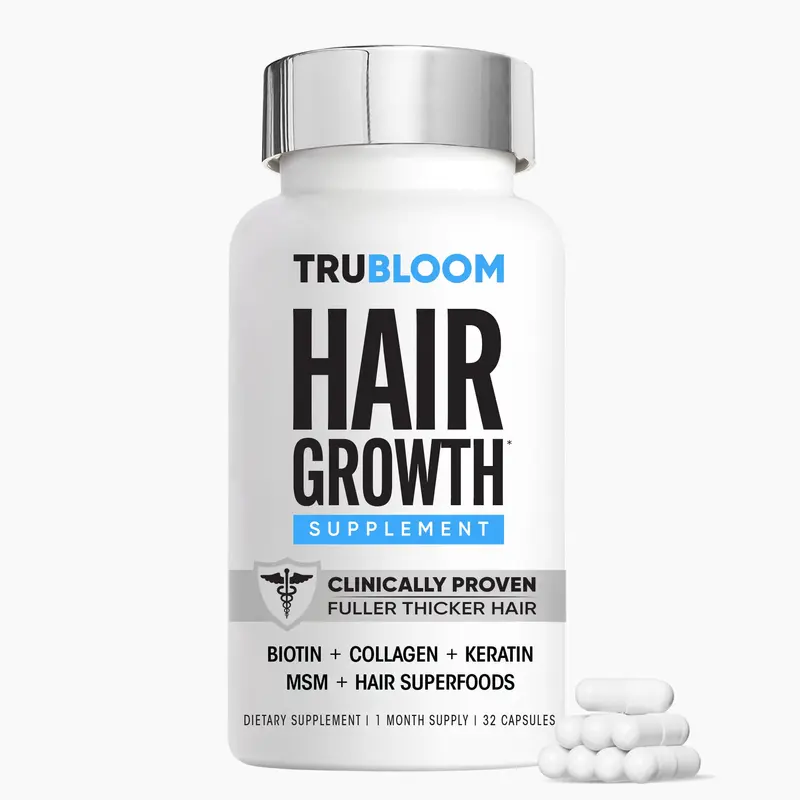 Tru Bloom Vitamines Croissance des Cheveux — 1 Mois, Sans Médicament, Biotine, Collagène, Kératine, MSM, Zinc, D3 et Superaliments
