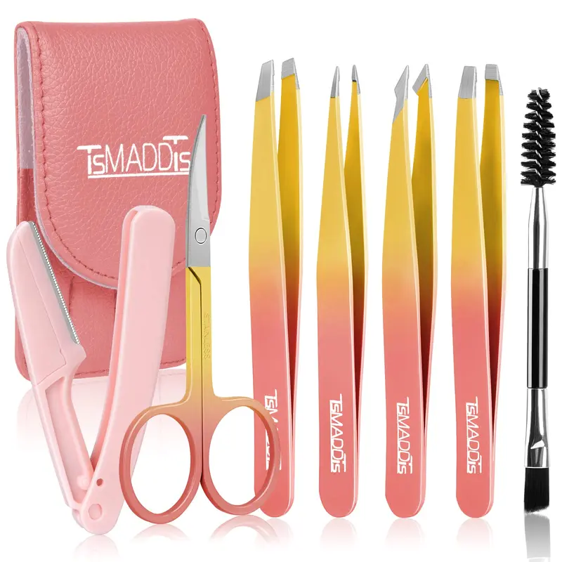 TsMADDTs 7 pièces – Ensemble Pinces Sourcils Précision, Ciseaux Courbés et Rasoir – Rose & Jaune