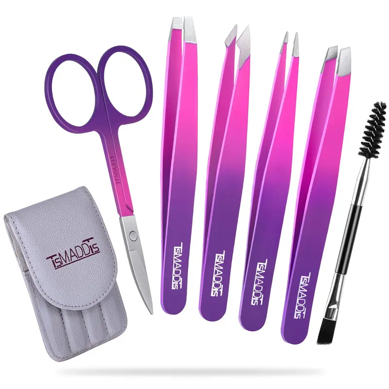 TsMADDTs – Ensemble de 6 pinces à sourcils avec ciseaux incurvé et brosse double-face (Rose et Violet)