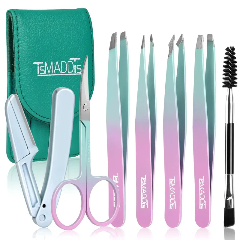 TsMADDTs – Set 7 Pinces à Sourcils Précises avec Ciseaux Courbés, Brosse Double-face et Rasoir