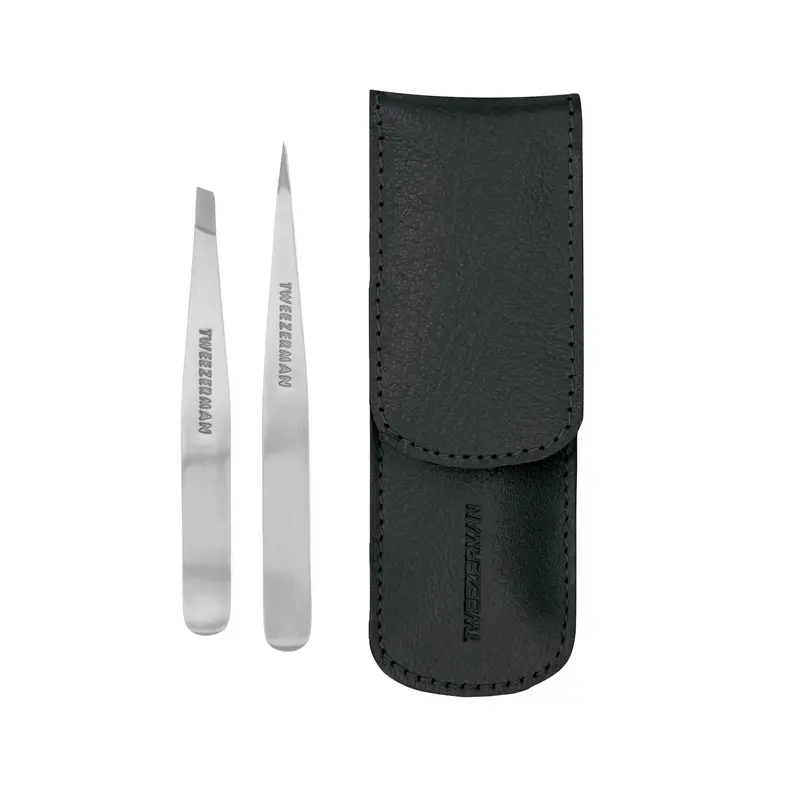 Tweezerman Petite Tweeze Set – Étui de Voyage Noir, Pince inclinée et pince pointe