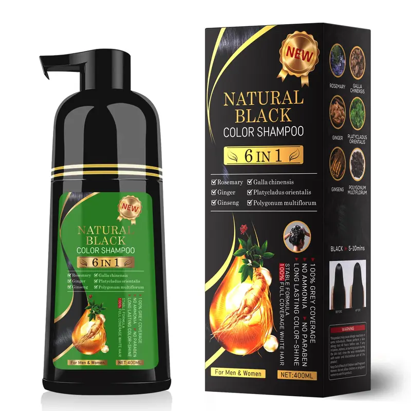 TWMINYUE Shampoing Coloration Cheveux 6-en-1 — Noir Naturel, Couverture Gris Durable à Domicile et en Salon