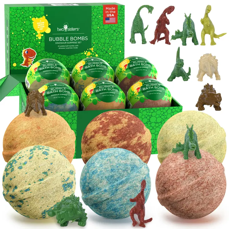 Two Sisters – Bombes de bain dinosaures pour enfants (lot de 6) – Parfums fruités, Fabriqué aux États‑Unis