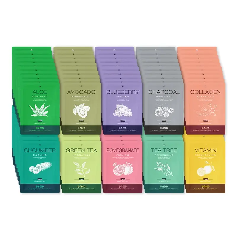 U-NEED – 100 masques visage coréens en feuilles (10 types x 10 pcs) – TENCEL | Hydratation et tonification | K-Beauty