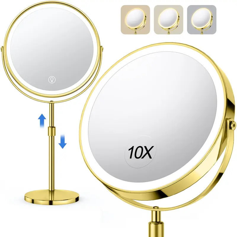 UBYMET Miroir de Maquillage 10x Grand Hauteur Réglable – Double Face 1x/10x, 3 Couleurs LED, Rotation 360°, Rechargeable (Or)