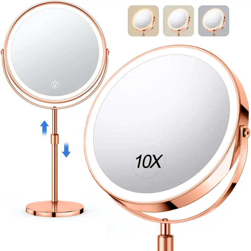 UBYMET Miroir Maquillage 10x - Miroir Lumineux 8'' Hauteur Réglable, Rechargeable, 3 Couleurs, Rotation 360°, Cadeau Rose Doré