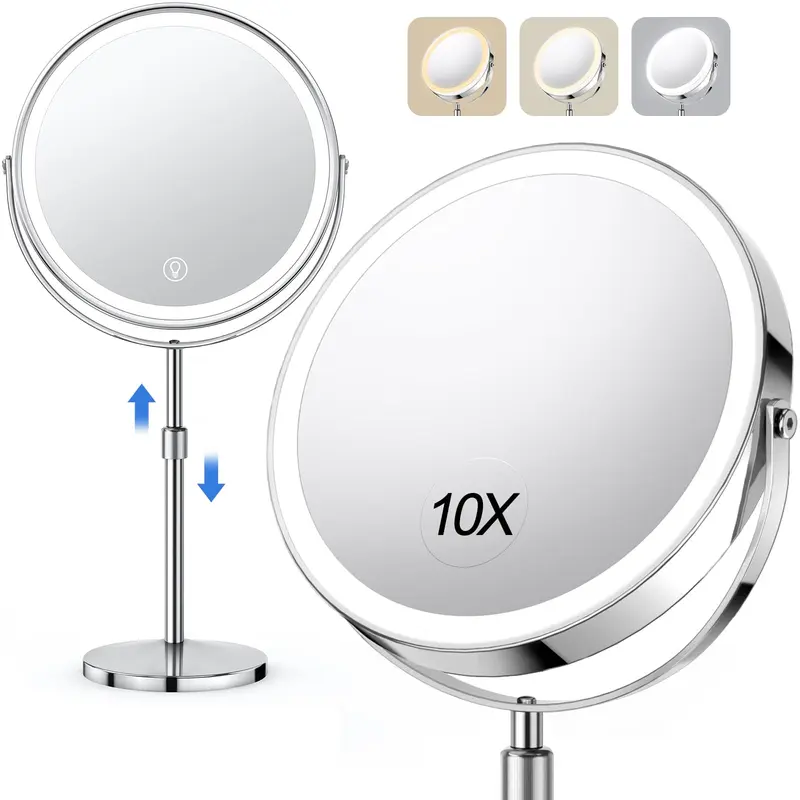 UBYMET Miroir Maquillage Éclairé — Double Face 1x/10x, Hauteur Réglable, Rechargeable