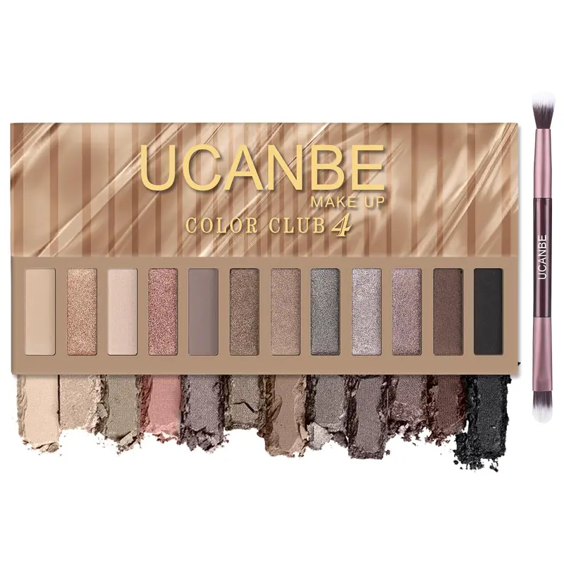UCANBE Palette 12 Ombres Neutres – Texture Matte et Pailleté, Longue Tenue Résistante à l'eau + Pinceaux Double Face