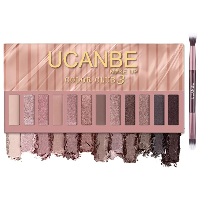 UCANBE Palette Ombres 12 Couleurs – Neutre Matte et Brillants, Pinceau Double-Face, Longue Tenue