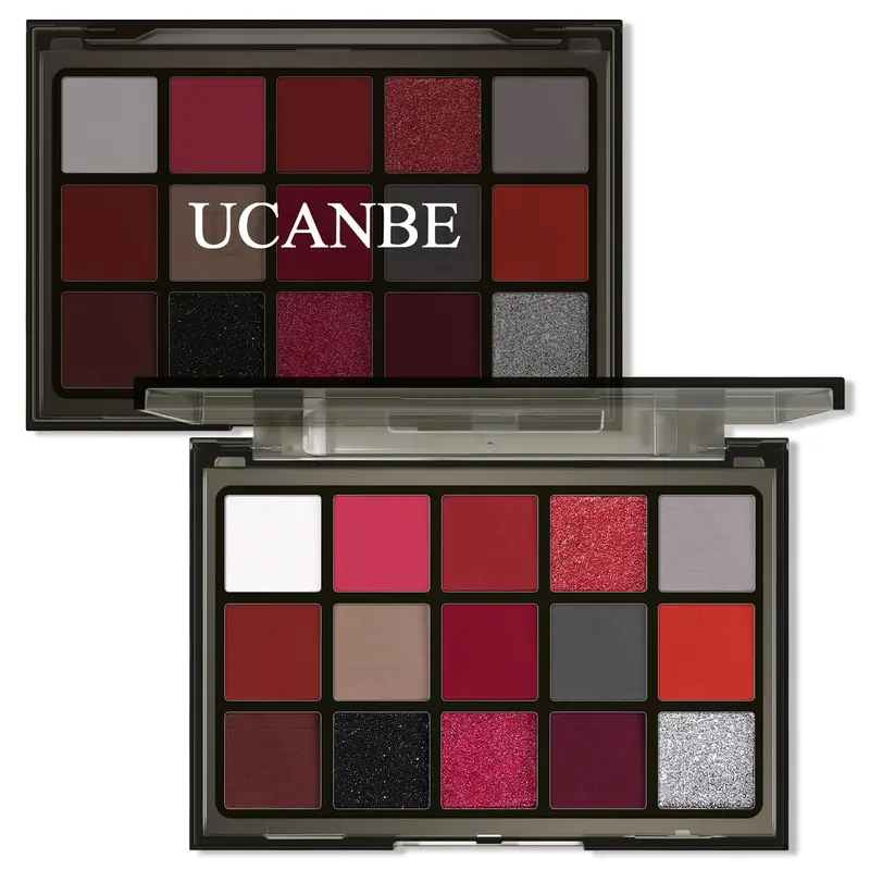 UCANBE Palette Ombres à Paupières Rouge – 15 Teintes Bourgogne Gris Argent Métalliques