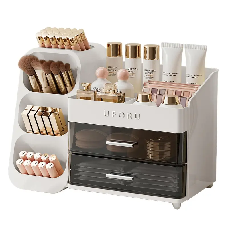 UFORU Organisateur Maquillage pour Vanité avec Porte-Pinceaux – Rangement à Tiroirs et Présentoir Cosmétique