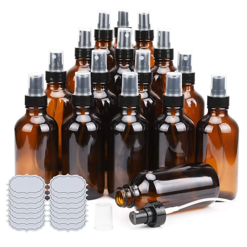 ULG Bouteilles spray en verre ambré 120 ml – pulvérisateurs brume fine, lot de 16 avec étiquettes étanches