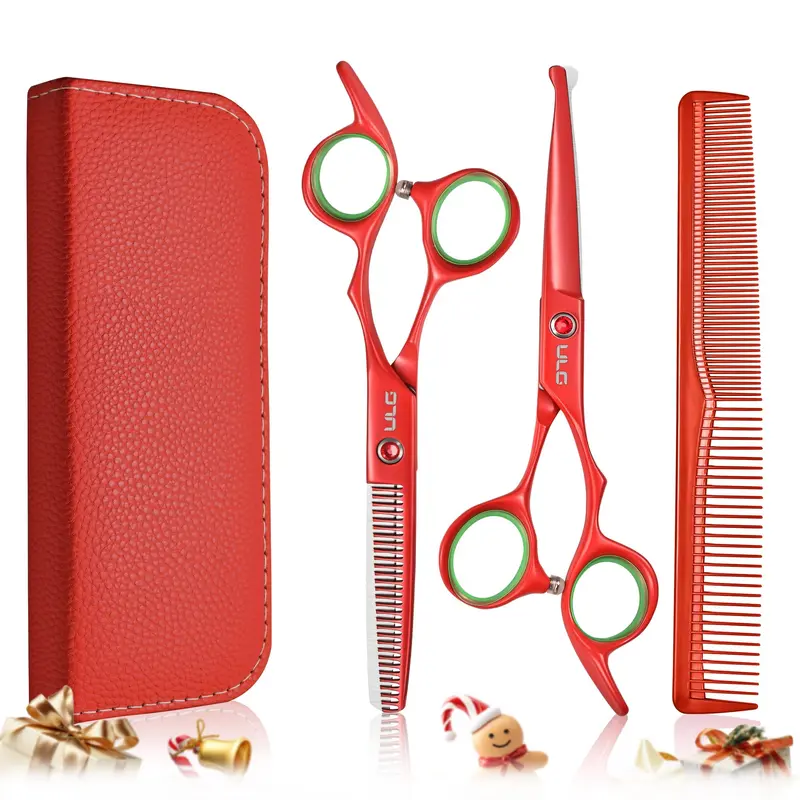 ULG Ciseaux de Coupe Pour Enfants – Ensemble Sécurité, Estompe 30 Dents, Étui PU Rouge Noël