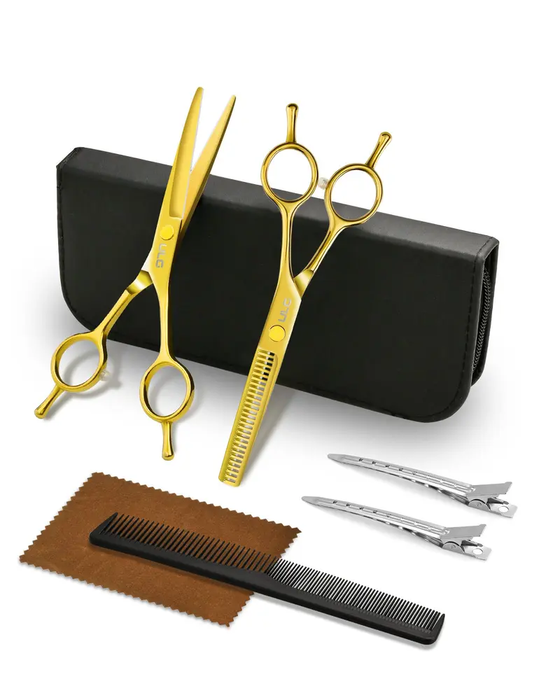 ULG – Ciseaux de coupe professionnels 6,5 pouces en acier japonais, kit salon à domicile doré