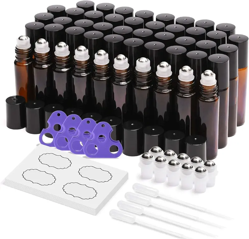 ULG – Lot de 48 Bouteilles Roll-On 10ml en Verre Ambré avec Billes en Acier Inoxydable et Étiquettes Étanches