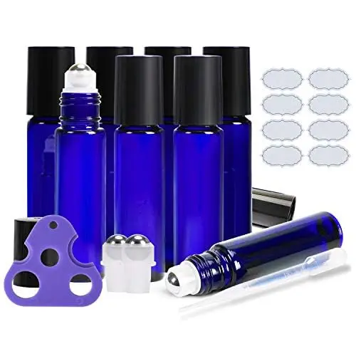 ULG Roll-On Bouteilles 10 ml – Verre Bleu, 8 Pièces, Bille Inox, Étiquettes Étanches, Ouvre-bouteille & Pipette 3 ml