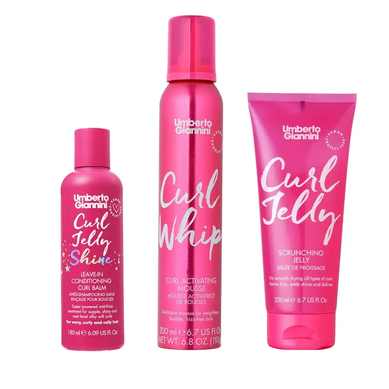 Umberto Giannini Curl Type 3 Trio – Routine 3 Pièces pour Boucles Définies et Sans Frisottis (Curl Jelly Shine 177 ml, Curl Whip Mousse 198 ml, Curl Jelly Scrunching 198 ml)