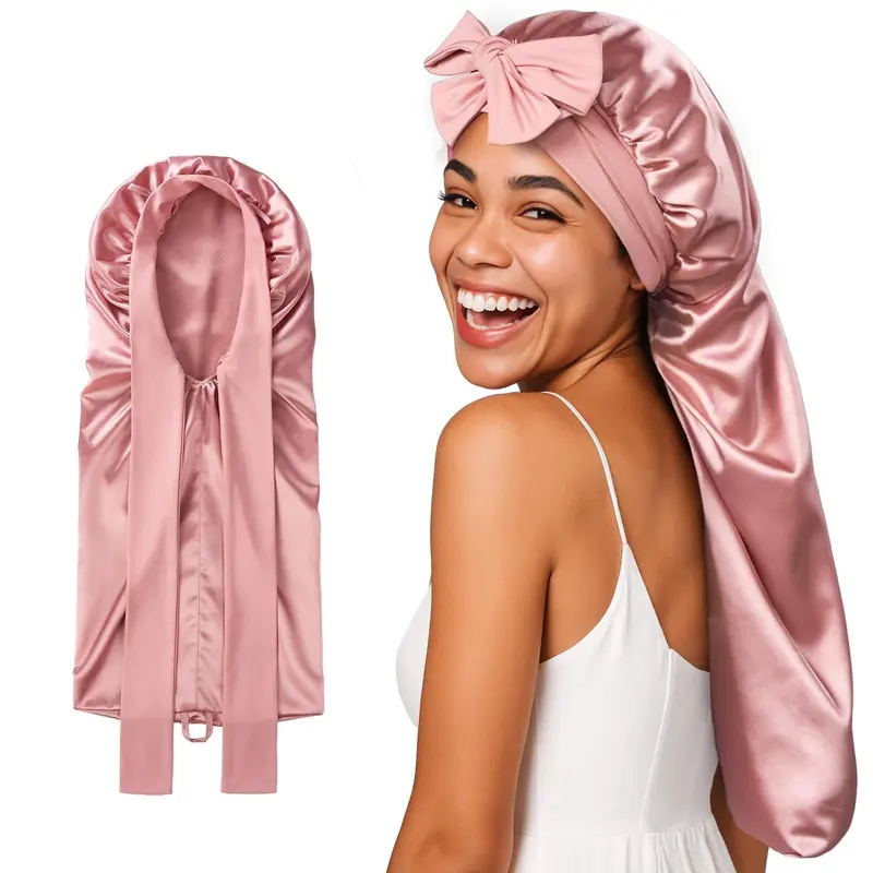Umisleep Bonnet en Soie Mulberry 22 Momme pour Dormir – Anti-Frizz, Cheveux Longs, Rose