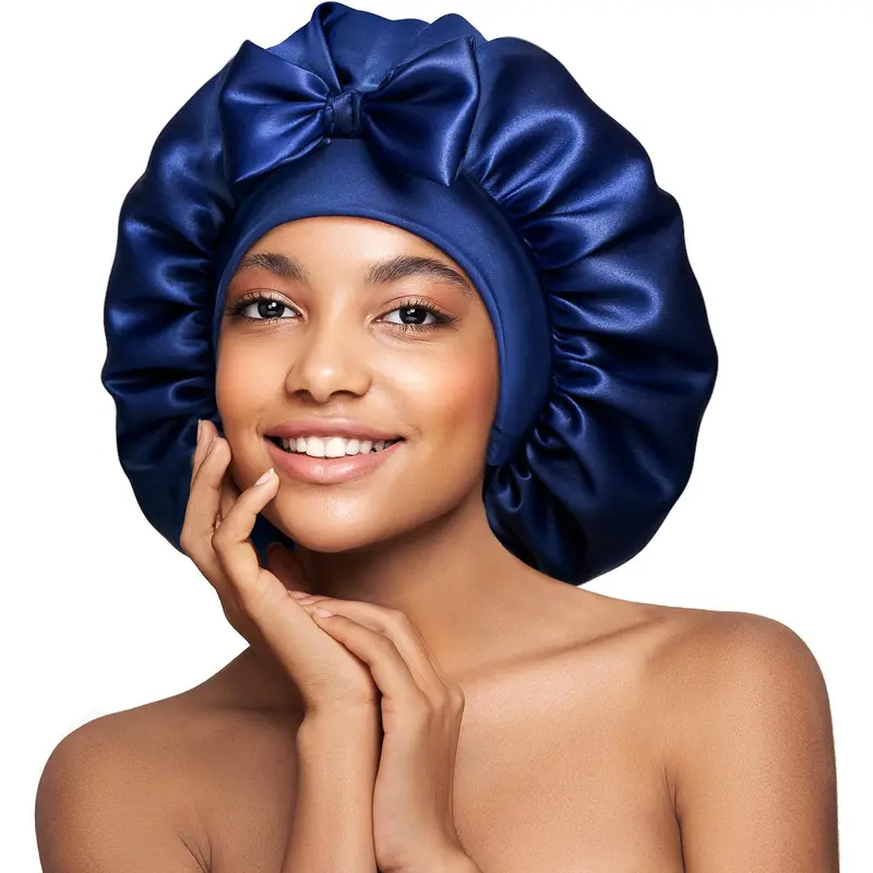 Umisleep Bonnet en soie Mulberry double-face 22 Momme – Grand pour cheveux longs, bleu marine