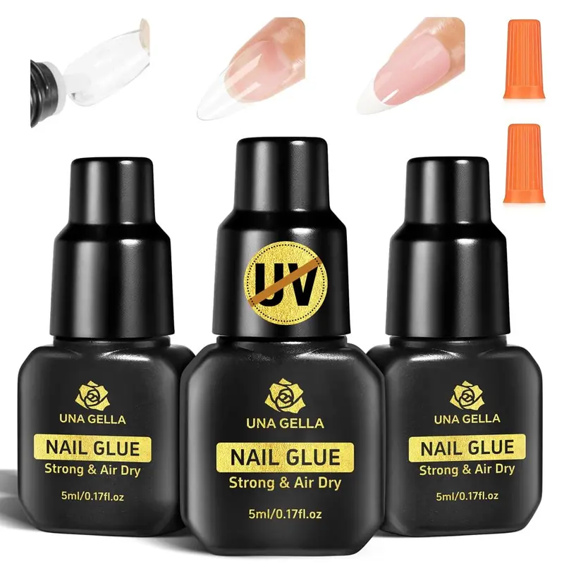 UNA GELLA Colle Ongles Pret-a-poser – Sechage Rapide et Ultra Solide (5 ml × 3) Sans Lumiere UV/LED