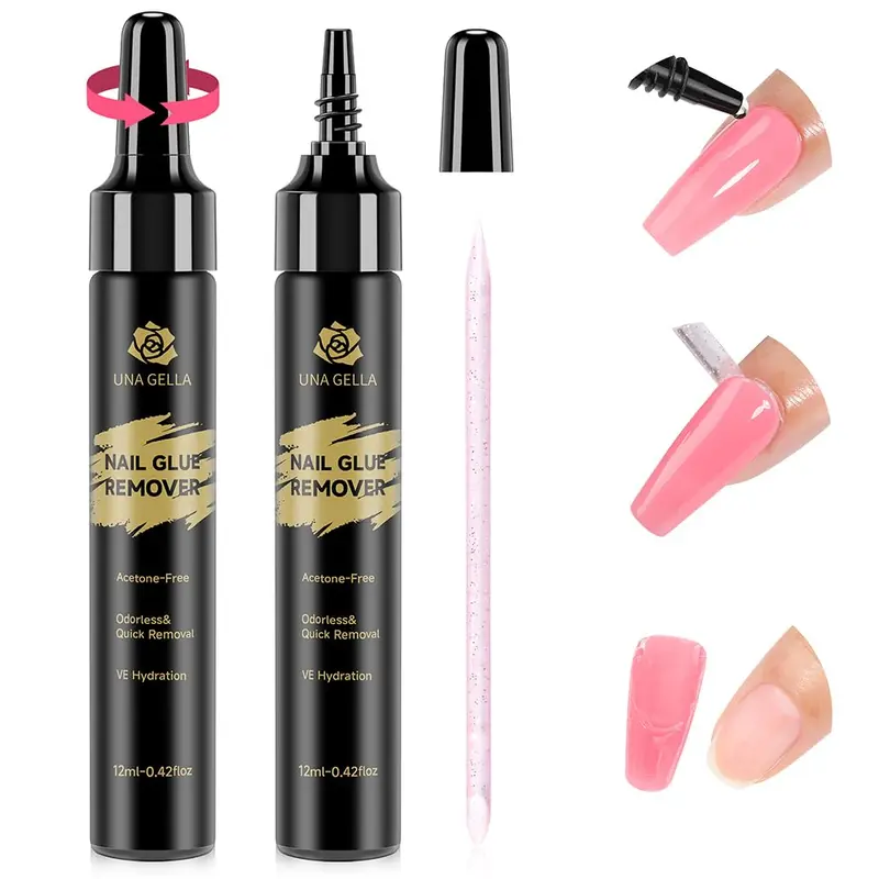 UNA GELLA Dissolvant Colle Ongles – Rapide, Sans Acétone, 12ml × 2pcs | Retrait des Ongles Adhésifs