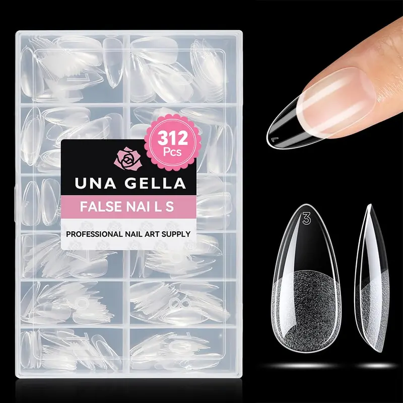 UNA GELLA – Embouts Gel Amande Mi-Mat, 312 pièces, Extensions Ongles Gel pour Faire soi-même, 12 tailles, Sans Courbe en C