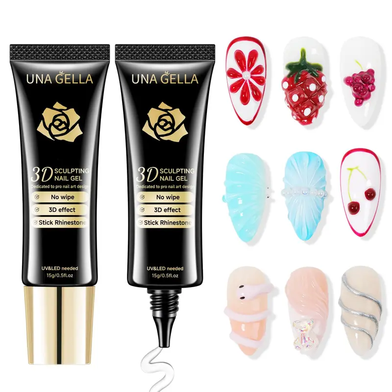 UNA GELLA Gel 3D pour art ongulaire – 2x15 g Transparent Sans Essuyage, Sculptage et Décoration