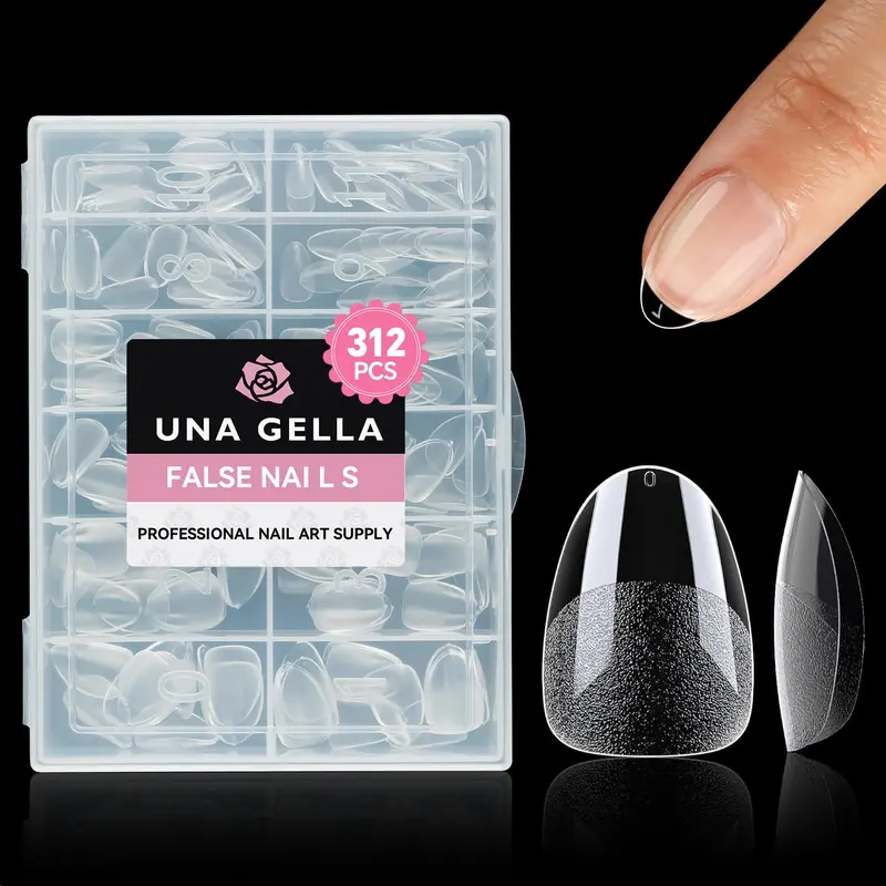 UNA GELLA – Pointes d’ongles amande extra-court, 312 pièces, gel doux, pré-formées et transparentes