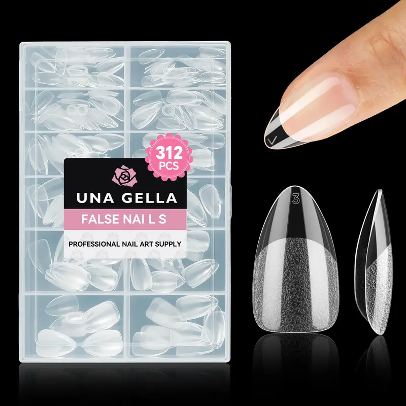 UNA GELLA Tips d’ongles en amande courte – 312 pièces, 12 tailles, clairs et pré-émoussés