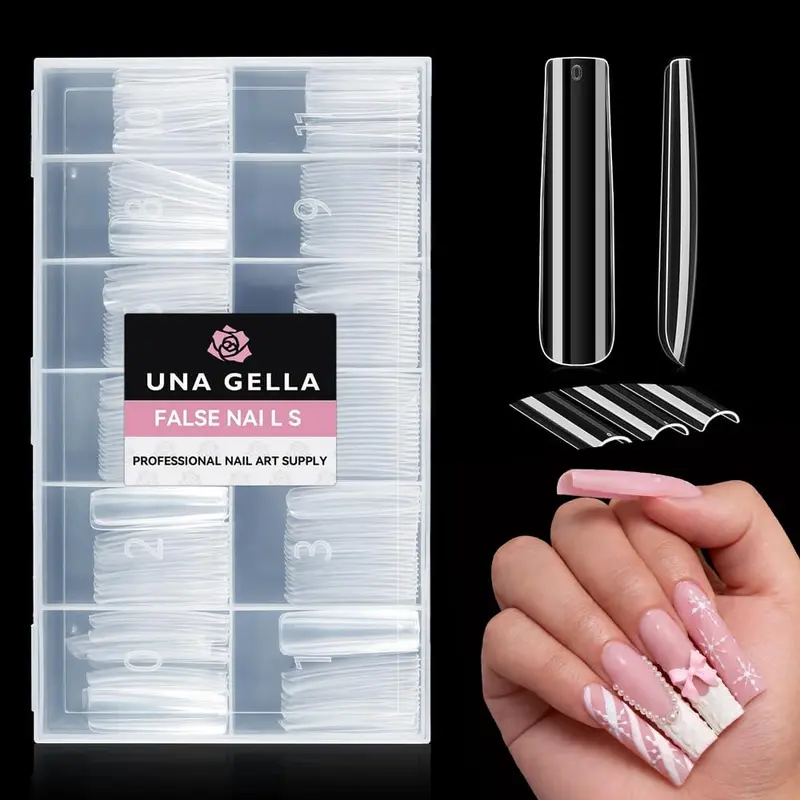 UNA GELLA XXL – Embouts Ongles Carrés Longs 216 Pièces, 12 Tailles, Effet Gel Clair