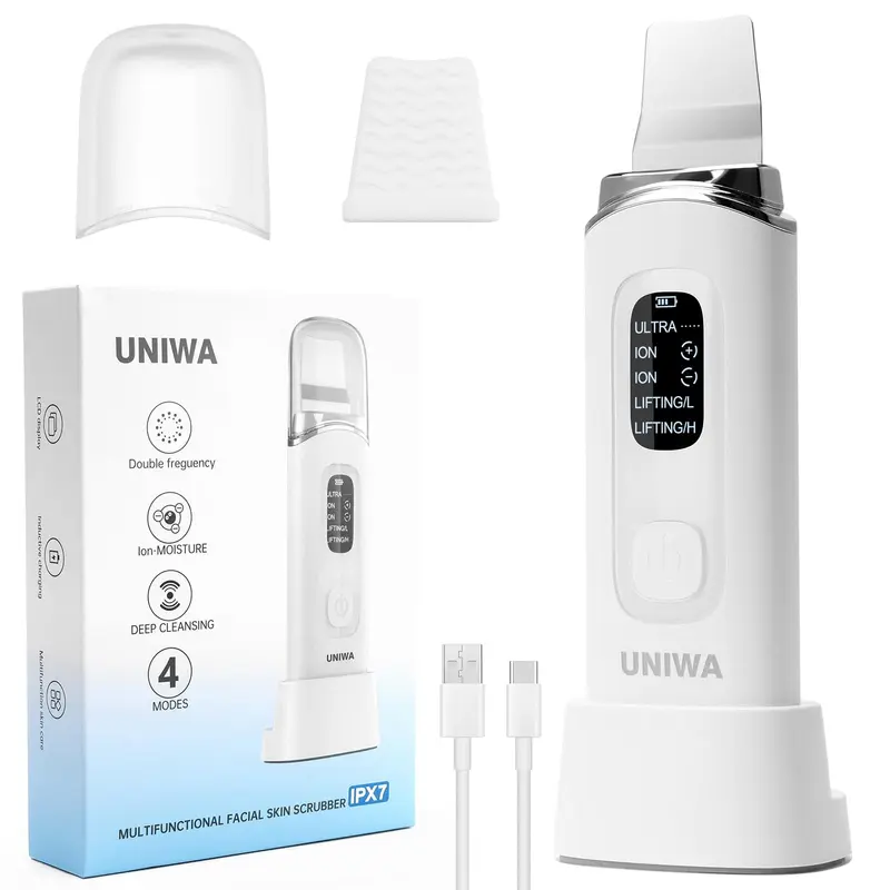 UNIWA Spatule Visage Ultrasonique – Nettoyage des pores et lifting, 4 modes, LCD, IPX6, Blanc