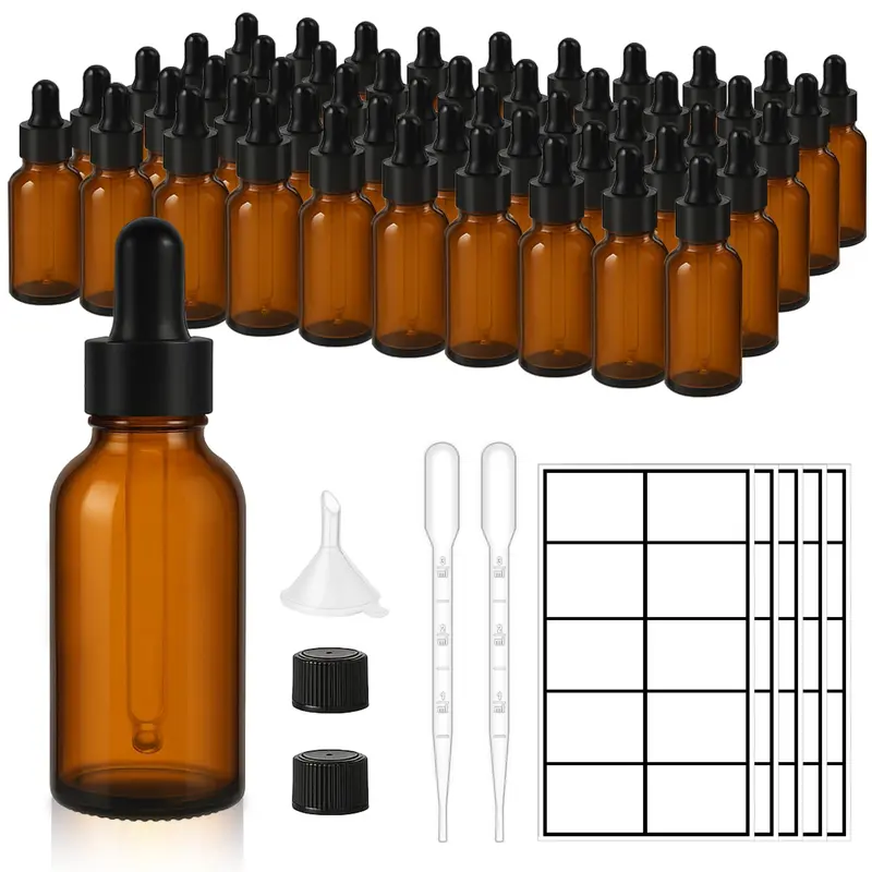 UPBUD Lot de 50 Fioles en Verre Ambré 1 oz – Pipettes, Entonnoirs et Bouchons, Étiquettes – Bouteilles UV 30 ml pour Huiles Essentielles, Parfum et Soins