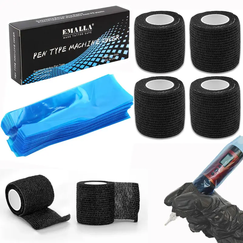 Urknall – Lot 200 capuchons pour stylet tatouage bleus + 4 grips noirs – Accessoires pro tatouage