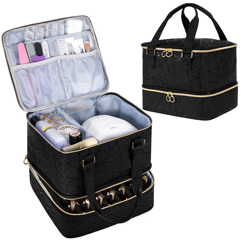 Uross Organiseur Vernis – Sac Noir, 42 Bouteilles et Lampe à Ongles, Trousse Pro Manucure