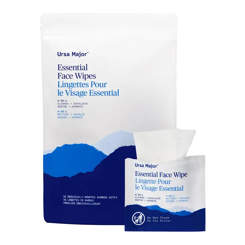Ursa Major Lingettes Visage Essentielles – Nettoyage, Exfoliation et Hydratation | Bio & Cruelty-Free | 20 Lingettes