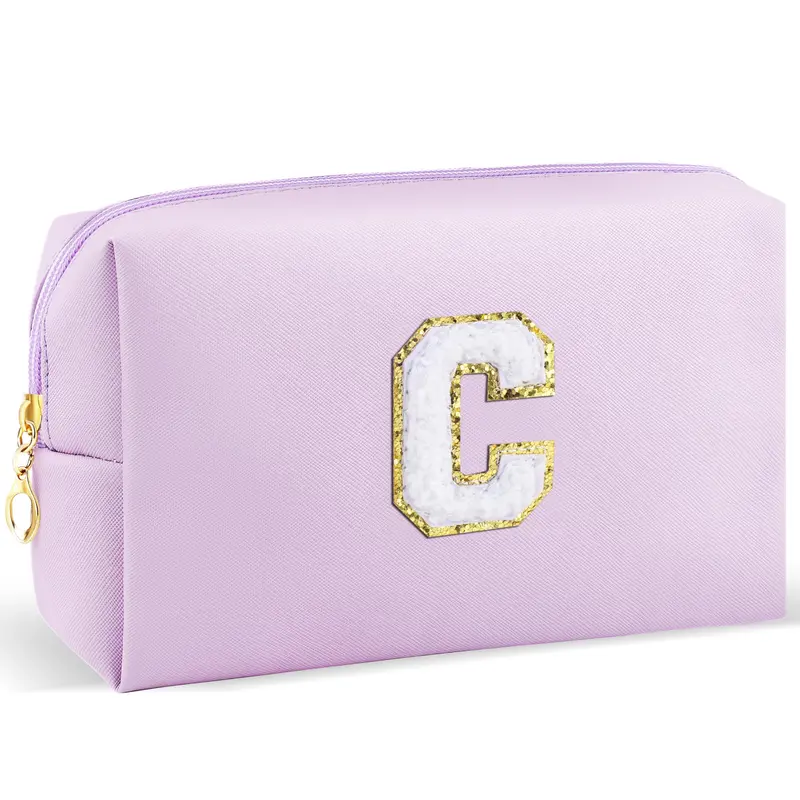 URSKYTOUS Trousse de Maquillage Initiale Personnalisable – Étui PU Violet, Zip Petit Format