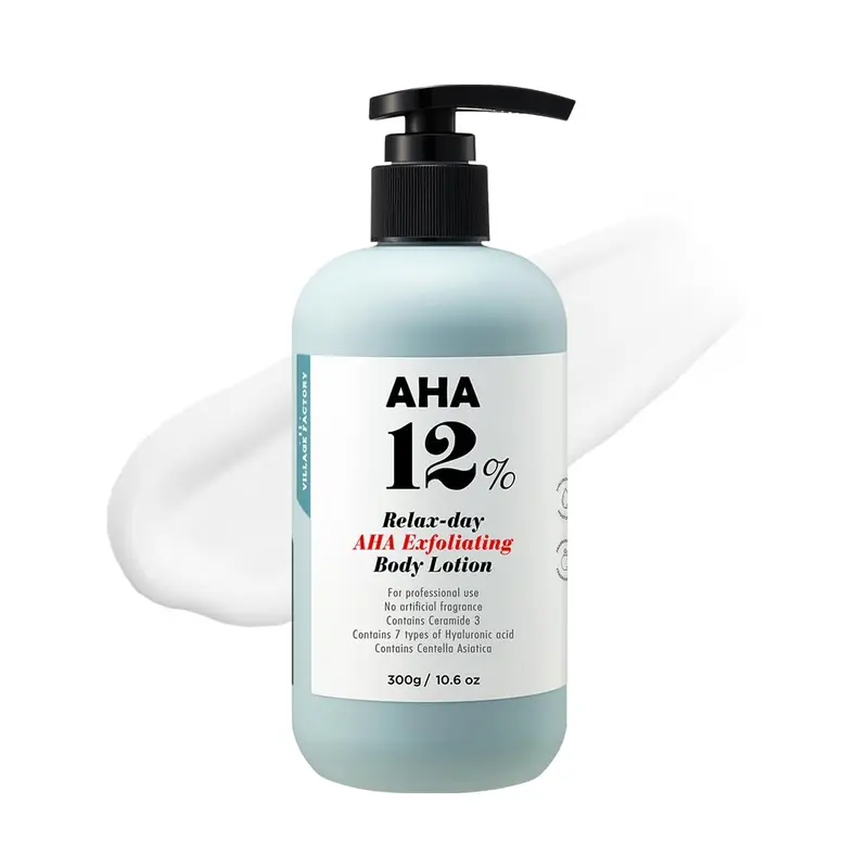 V11FACTORY Lotion Corps AHA 12% – Exfoliation douce, Hydratation & Elasticité – Sans parfum, 316 ml