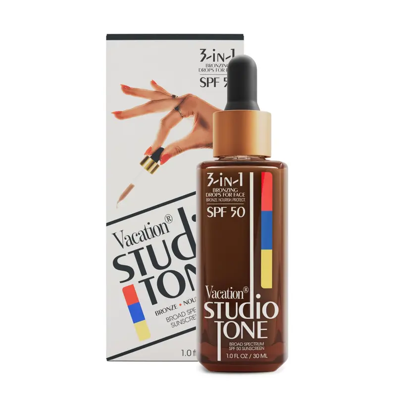 VACATION Studio Tone SPF 50 – Gouttes bronzantes visage, teint hâlé naturel, maquillage compatible