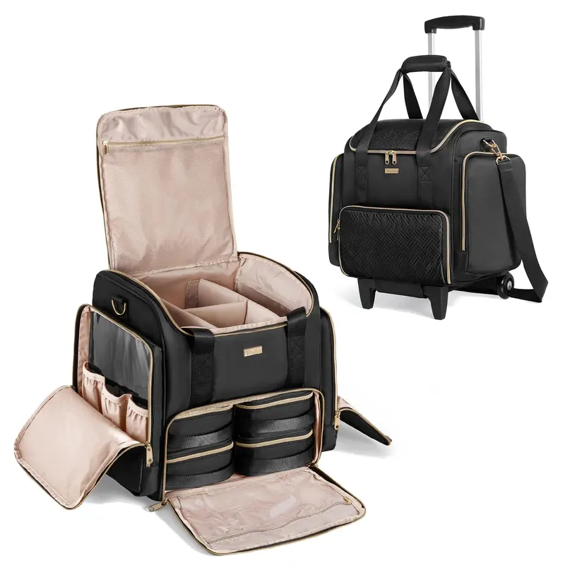 Valise Maquillage Prokva à Roulettes avec 4 Sacs Amovibles – Étui Professionnel Noir (Design breveté)