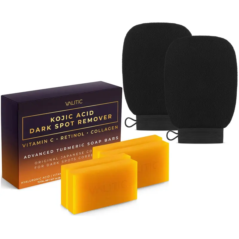 VALITIC Lot de 4 Barres Savon Acide Kojique – Taches, Vitamine C, Rétinol, Hyaluronique + Gants Noirs