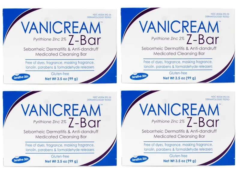 Vanicream Z-Bar – Barre nettoyante médicamenteuse 2% zinc pour dermatite séborrhéique et pellicules (sans savon, sans gluten) – Lot de 4