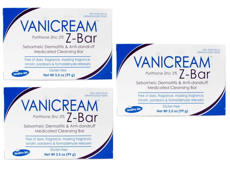 Vanicream Z-Bar Savon Nettoyant Médicamenteux 2% Zinc Pyrithione — Dermite Séborrhéique et Pellicules, Sans Savon, Sans Gluten, Lot de 3